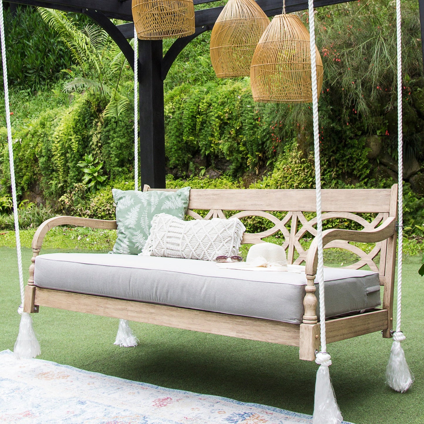 Mahogany Wood Swing Daybed with Oyster Cushion