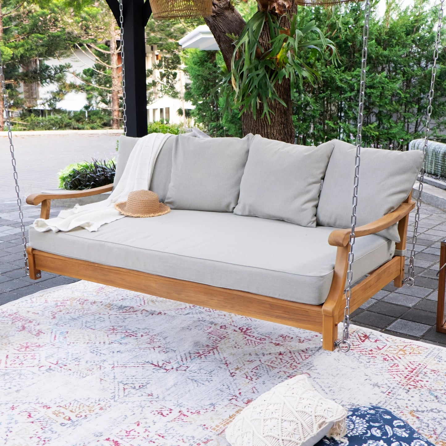 Teak Outdoor Swing Daybed with Oyster Cushion