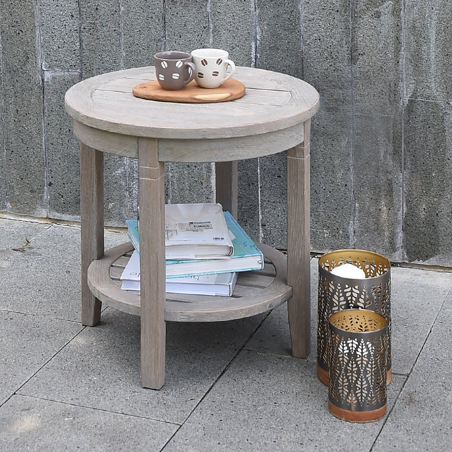 Weathered Teak Outdoor Side Table with Shelf