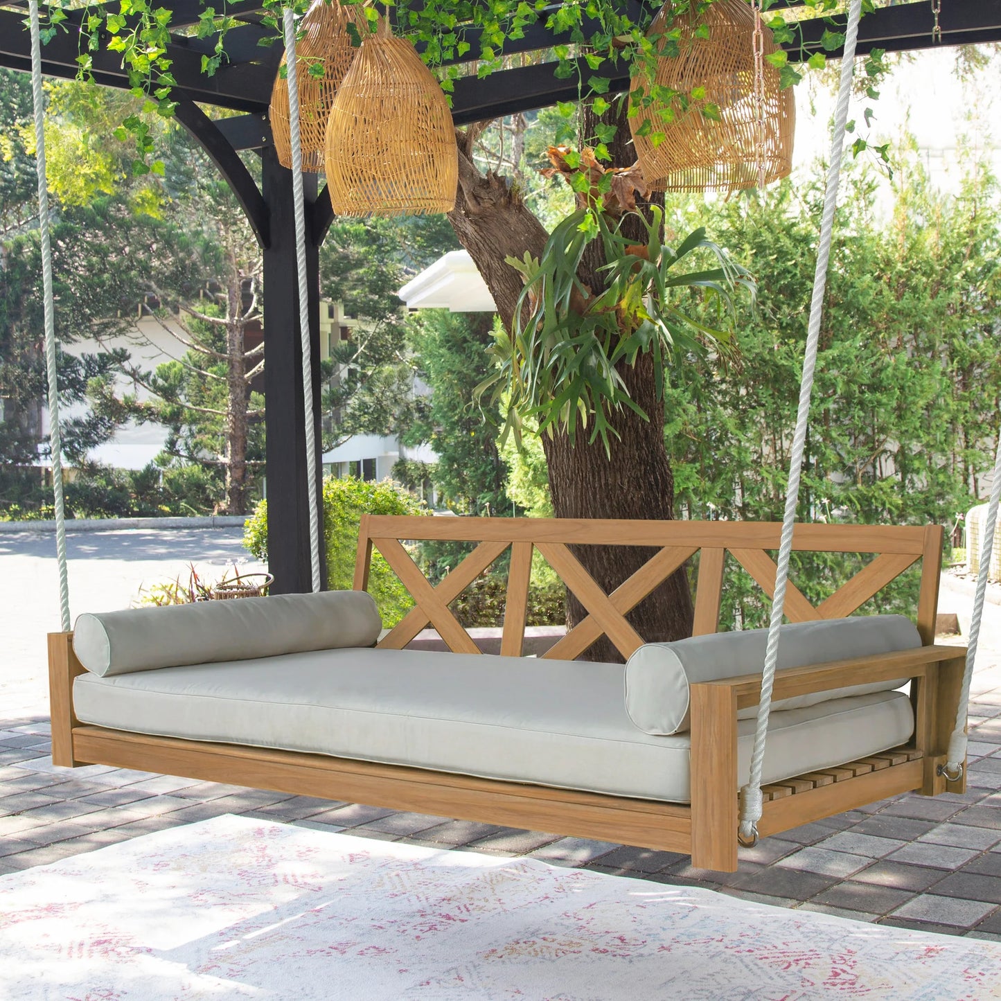 Teak Swing Daybed with Off-White Cushion