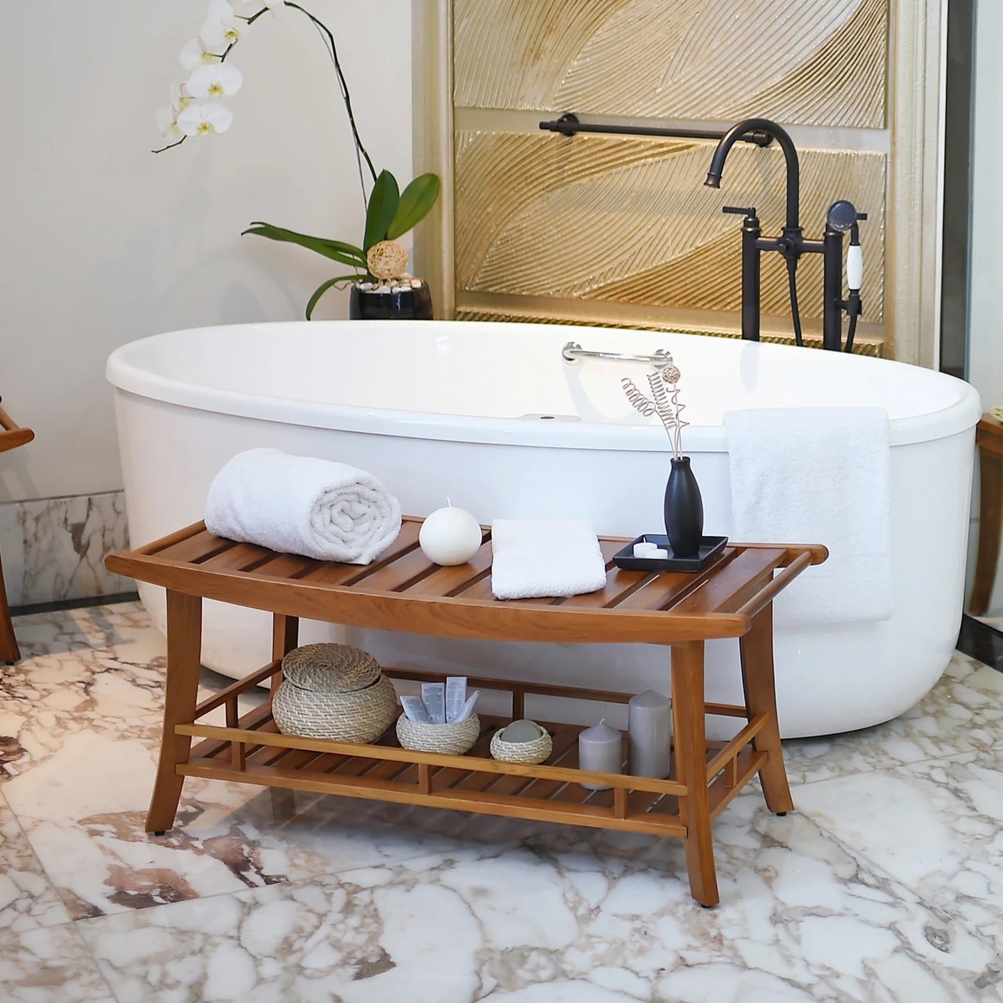 Teak Large Shower Bench Stool with Shelf