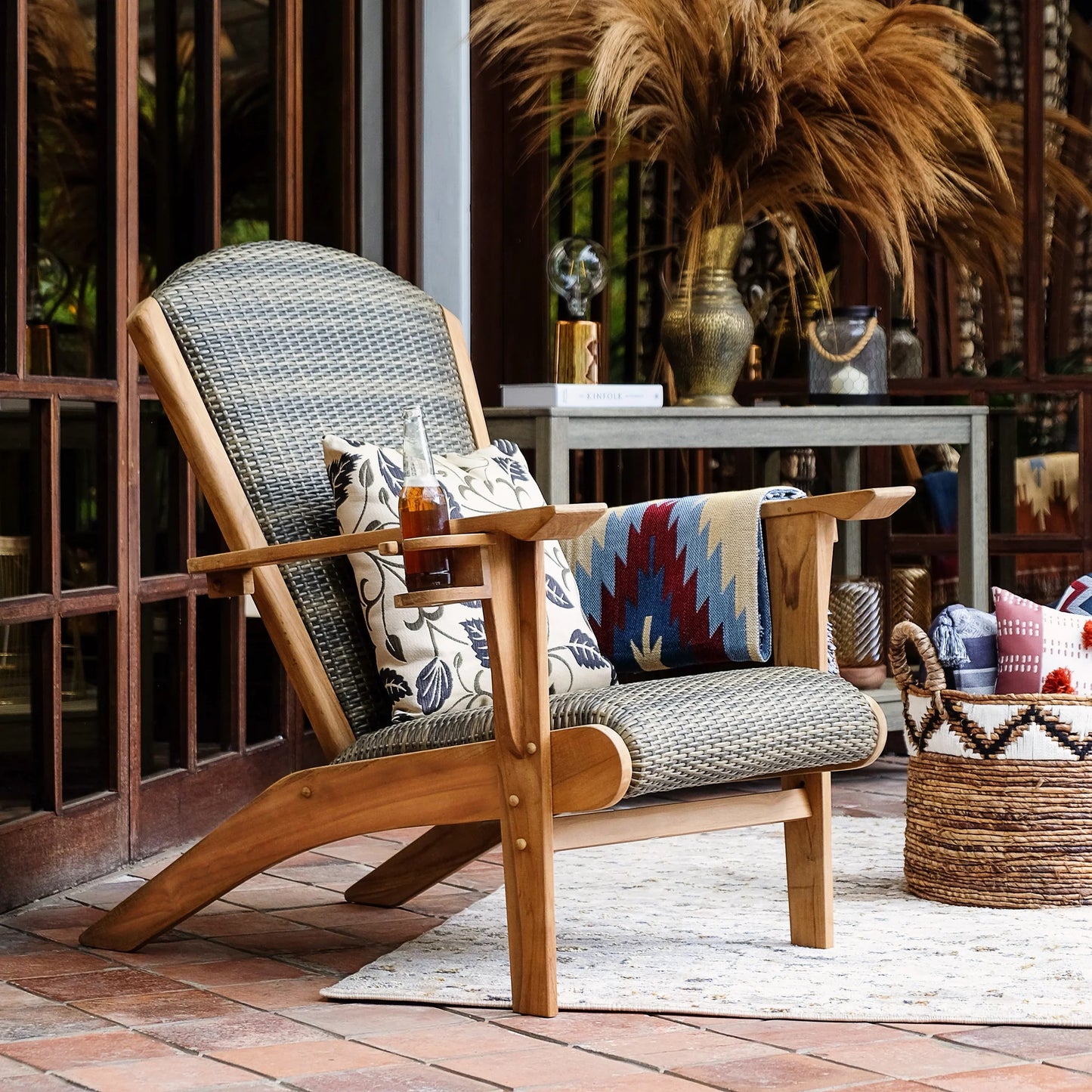 Upholstered Teak Adirondack Chair with Wicker