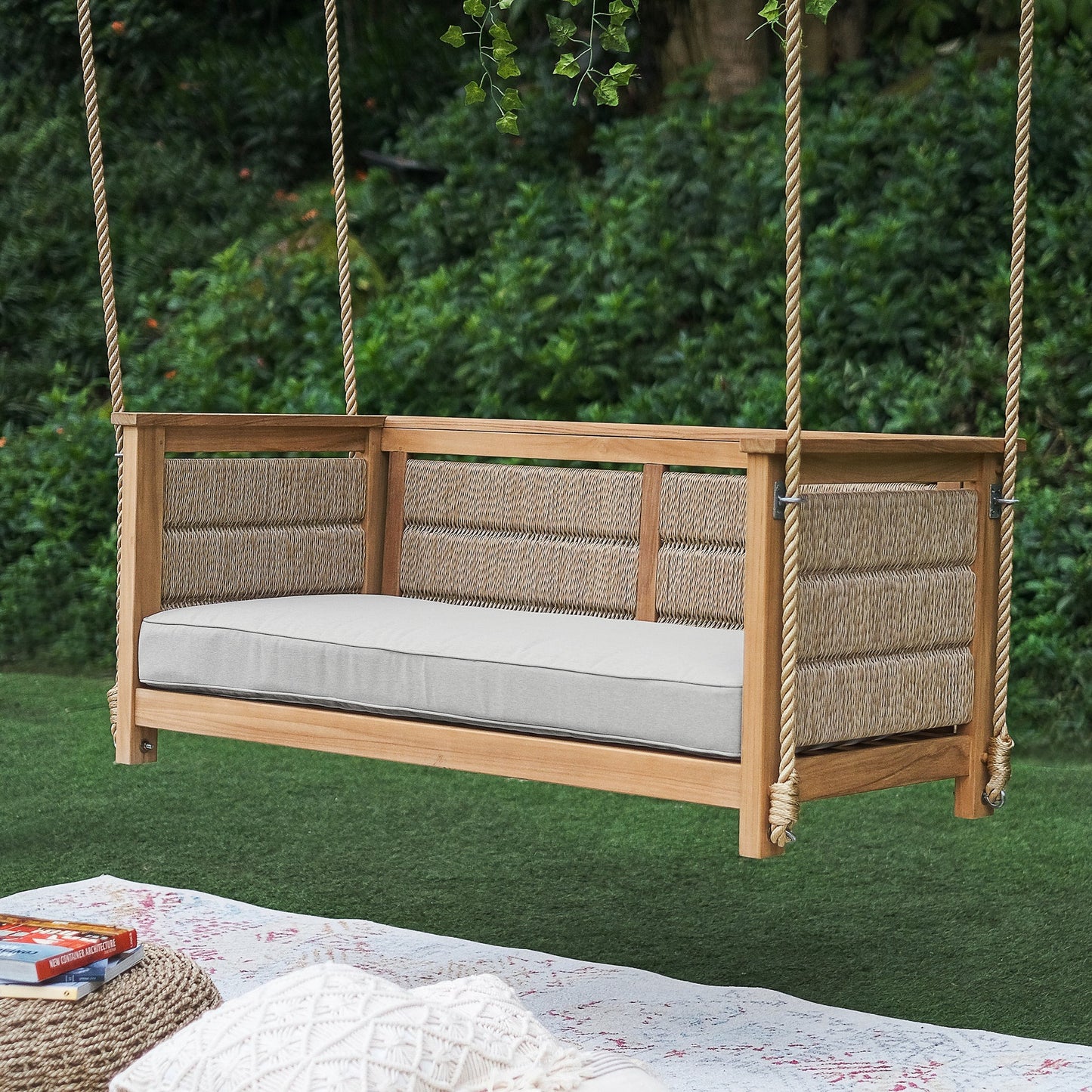 Teak Wood Porch Swing with Oyster Cushion