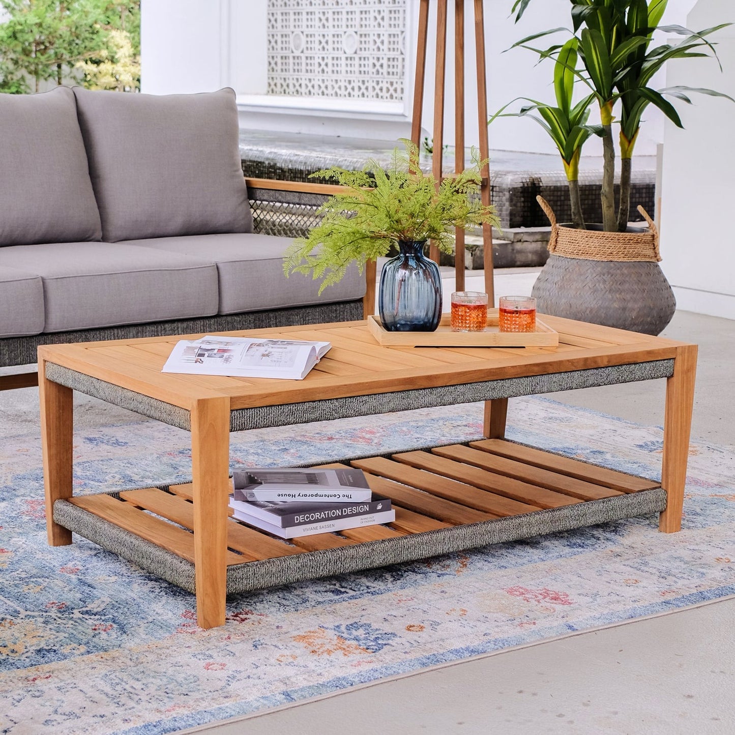 Teak Outdoor Coffee Table with Wicker Layer