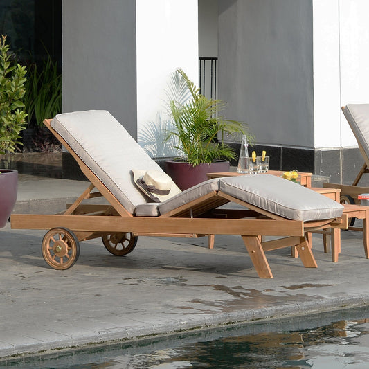 Teak Outdoor Chaise Lounge with a Beige Cushion