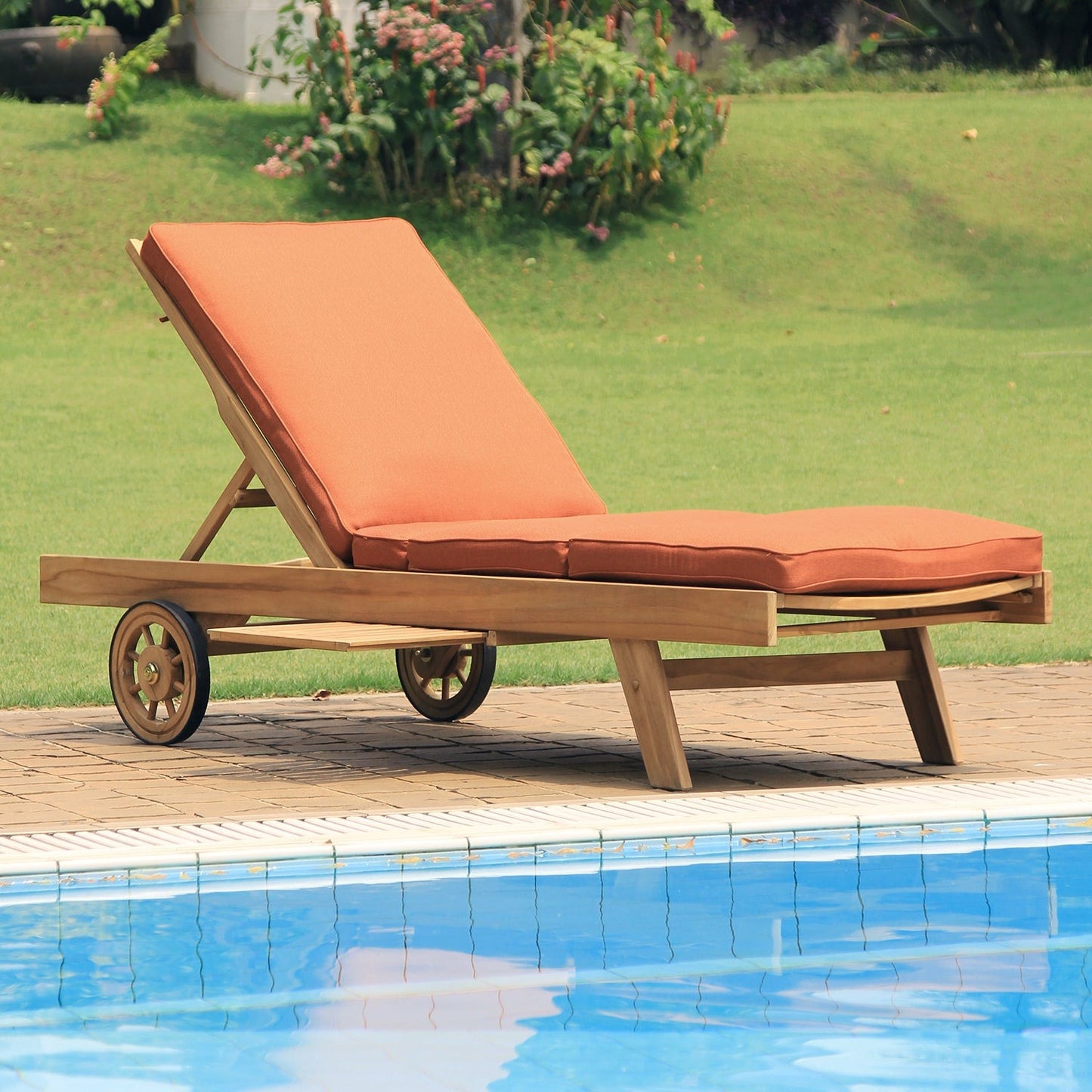 Teak Outdoor Chaise Lounge with a Brick Cushion